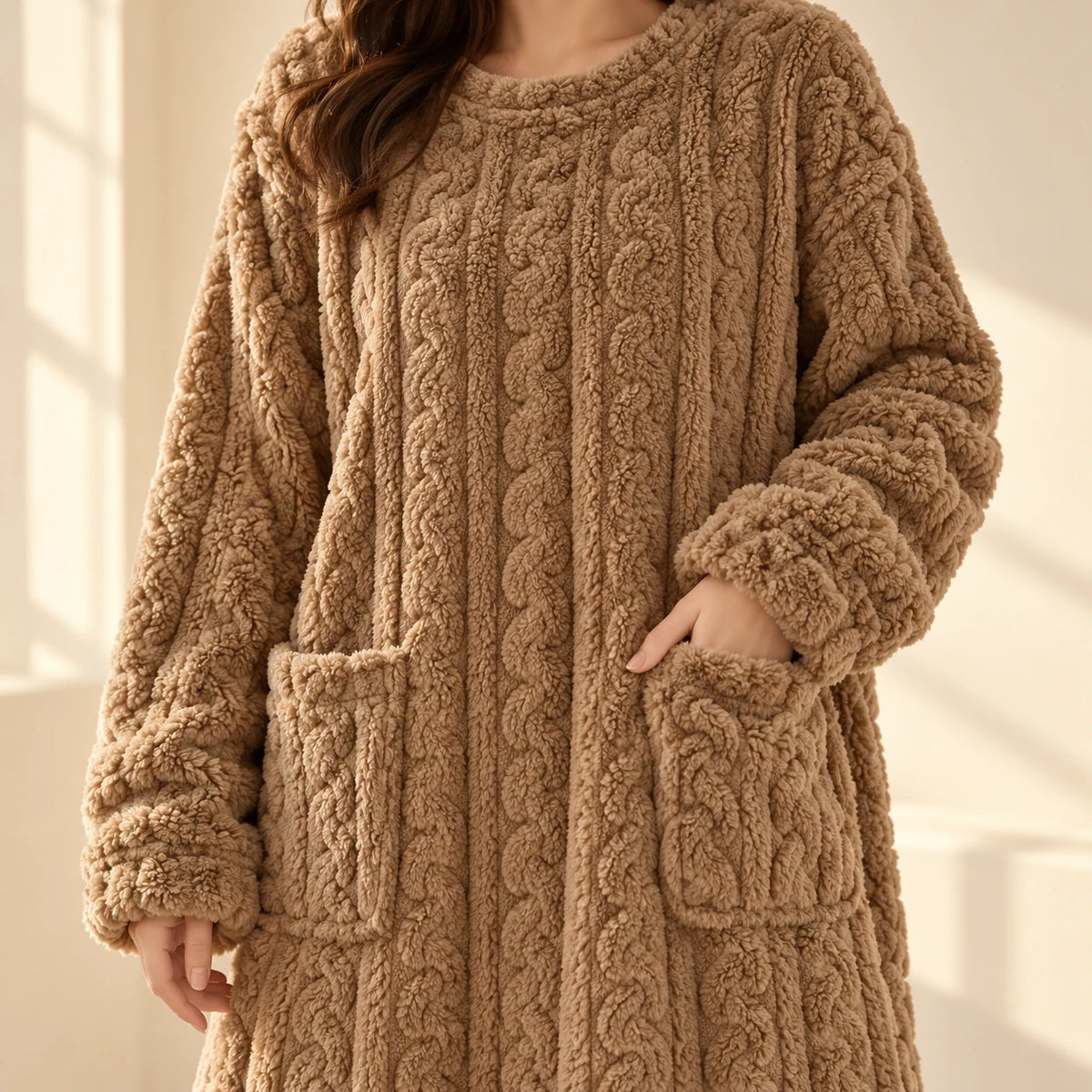 Brown Cosy Flannel Nightgown showing plush texture, gathered cuffs and front pockets