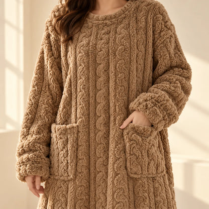 Brown Cosy Flannel Nightgown showing plush texture, gathered cuffs and front pockets