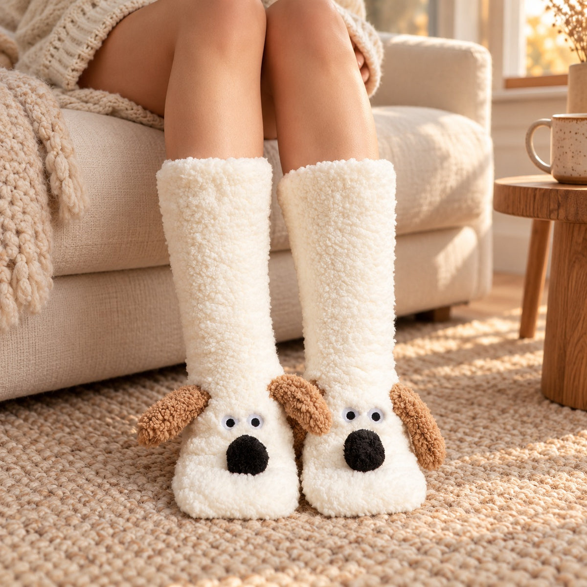 White CosyPaws puppy socks with caramel ears in a cosy home