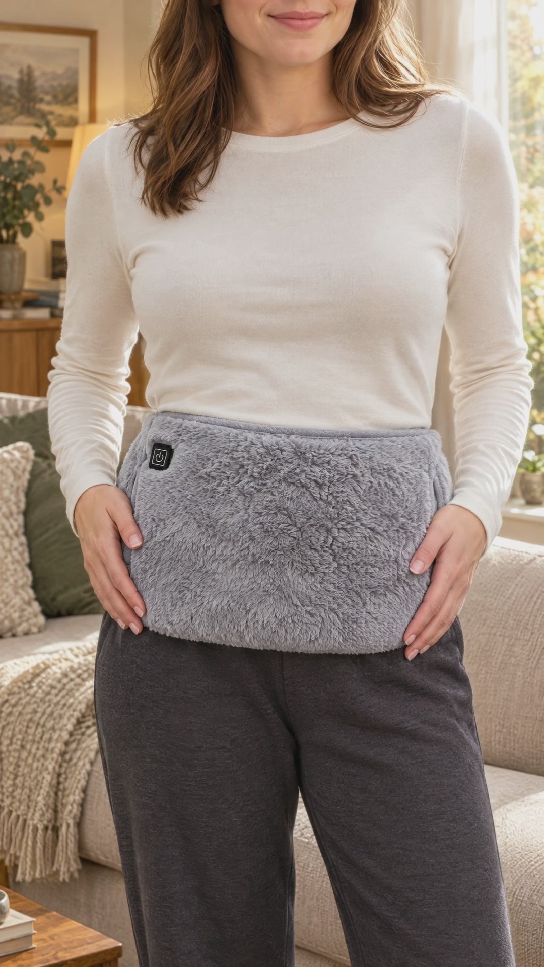 TummySoothe heated belt: wearing demonstration, button close-up and hand pocket